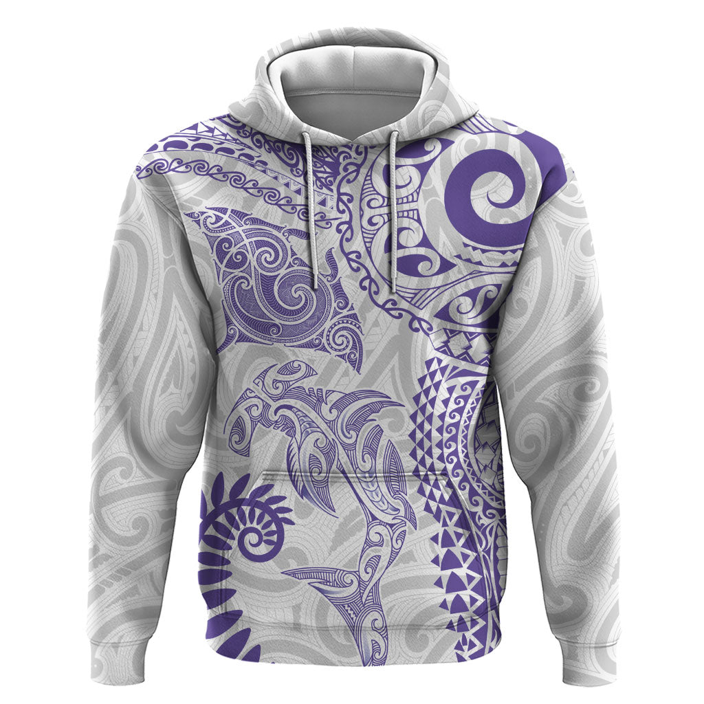 Aotearoa Maori Sea Animals Tribal Zip Hoodie Manta Ray and Shark Moko Pattern Purple Color LT03 Pullover Hoodie Purple - Polynesian Pride