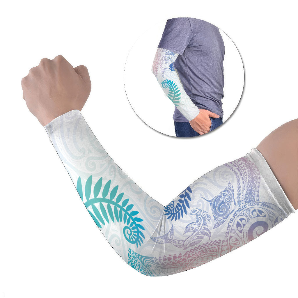 Aotearoa Maori Sea Animals Tribal Arm Sleeves Manta Ray and Shark Moko Pattern Sweet Pastel LT03 Set of 2 Multicolor - Polynesian Pride