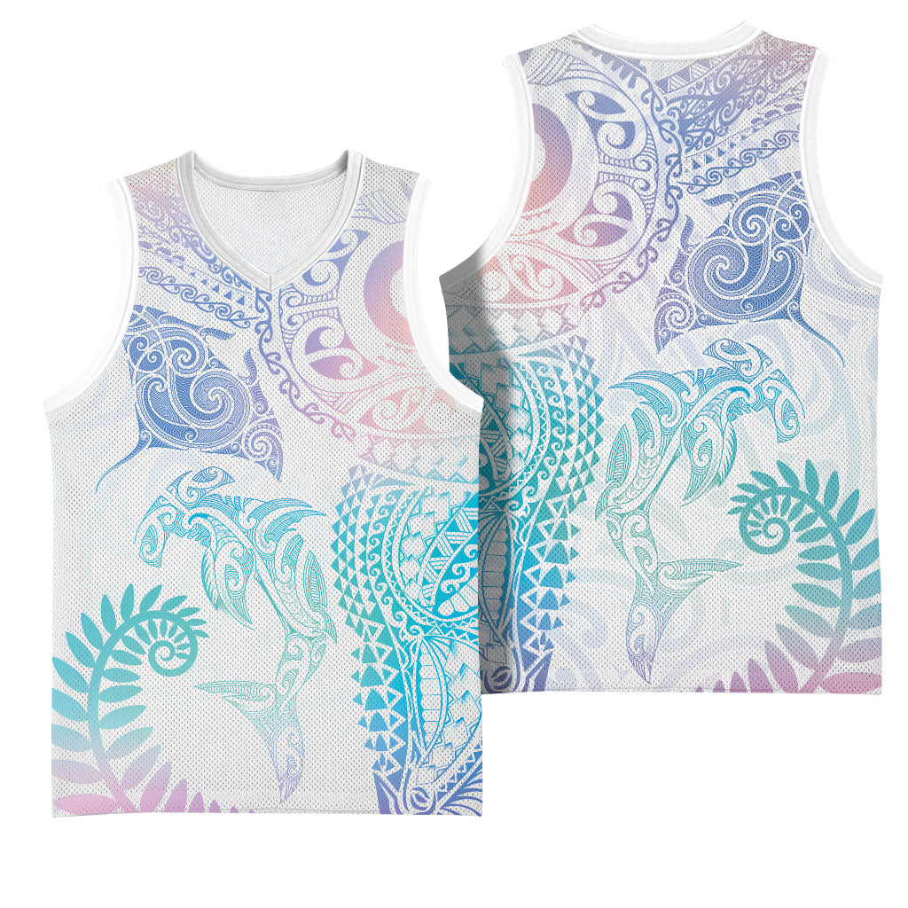 Aotearoa Maori Sea Animals Tribal Basketball Jersey Manta Ray and Shark Moko Pattern Sweet Pastel LT03 - Polynesian Pride