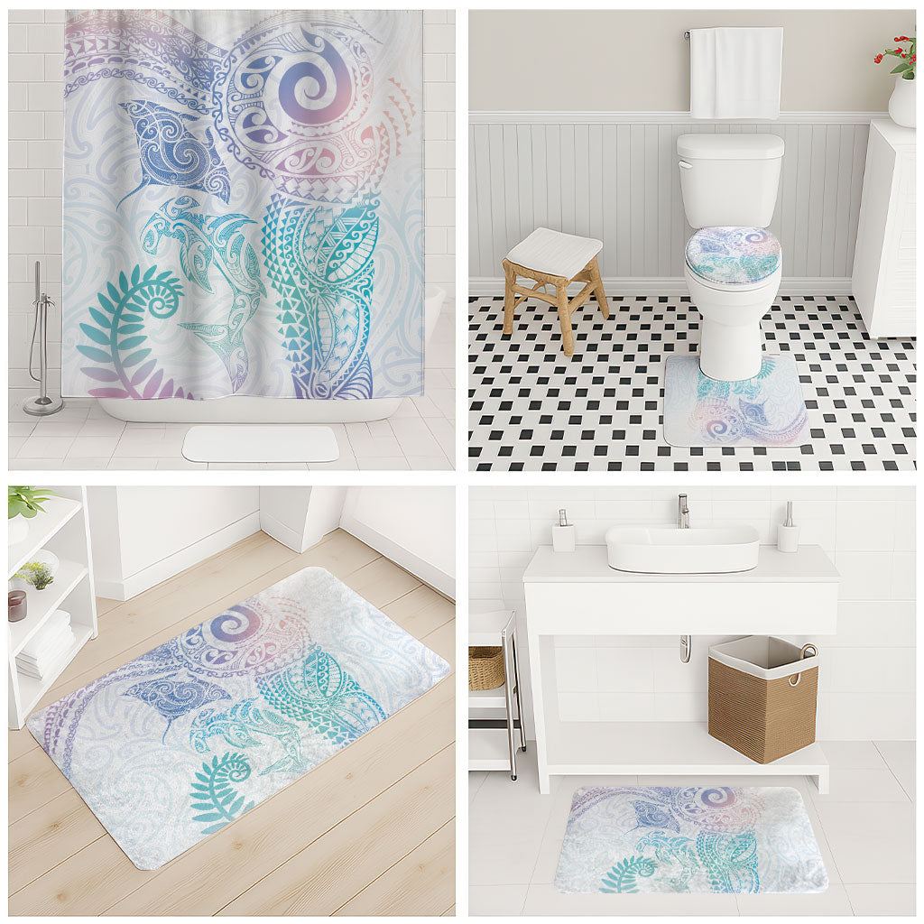 Aotearoa Maori Sea Animals Tribal Bathroom Set Manta Ray and Shark Moko Pattern Sweet Pastel