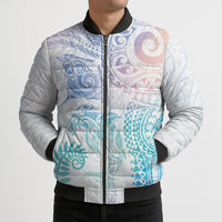 Aotearoa Maori Sea Animals Tribal Bomber Puffer Jacket Manta Ray and Shark Moko Pattern Sweet Pastel