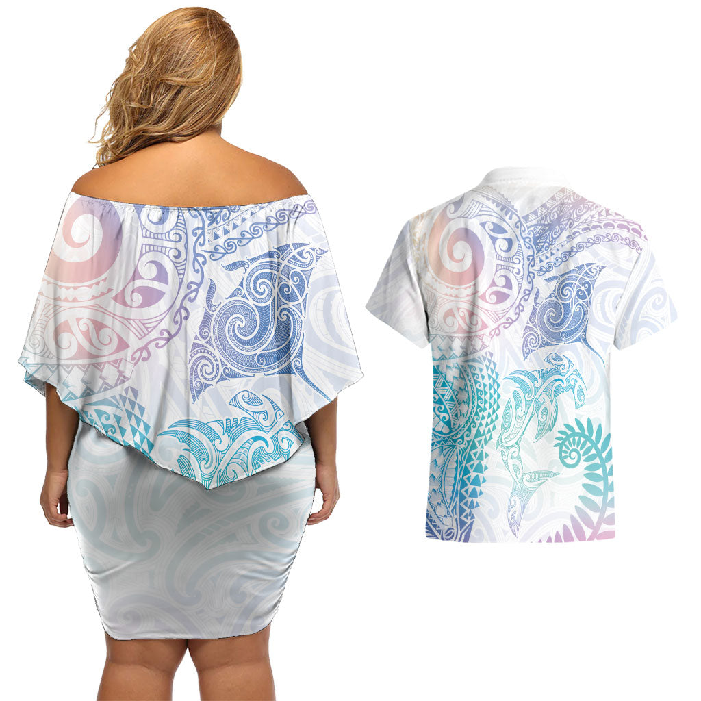 Aotearoa Maori Sea Animals Tribal Couples Matching Off Shoulder Short Dress and Hawaiian Shirt Manta Ray and Shark Moko Pattern Sweet Pastel LT03 - Polynesian Pride