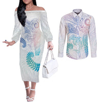 Aotearoa Maori Sea Animals Tribal Couples Matching Off The Shoulder Long Sleeve Dress and Long Sleeve Button Shirt Manta Ray and Shark Moko Pattern Sweet Pastel LT03 Multicolor - Polynesian Pride