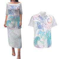 Aotearoa Maori Sea Animals Tribal Couples Matching Puletasi and Hawaiian Shirt Manta Ray and Shark Moko Pattern Sweet Pastel LT03 Multicolor - Polynesian Pride