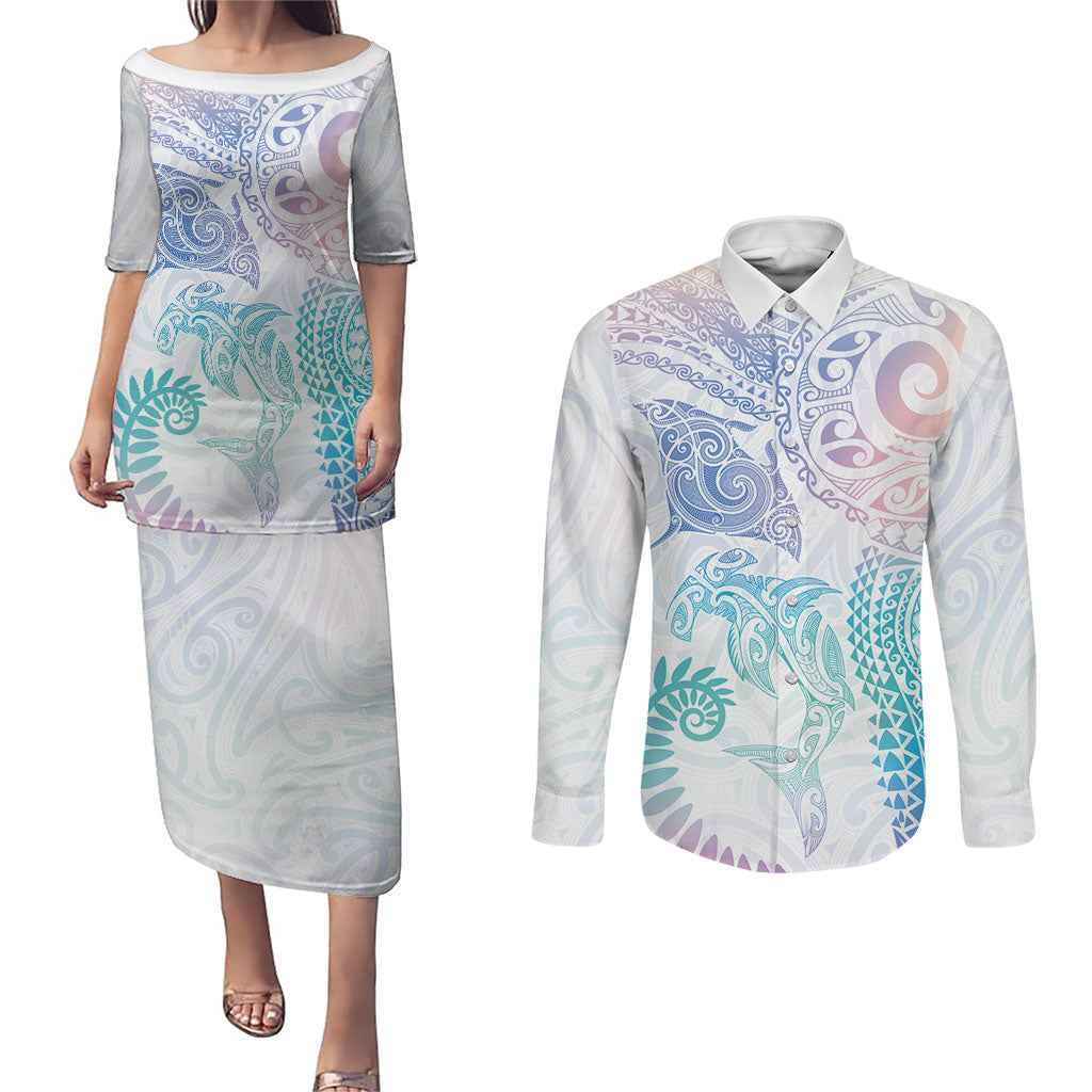 Aotearoa Maori Sea Animals Tribal Couples Matching Puletasi and Long Sleeve Button Shirt Manta Ray and Shark Moko Pattern Sweet Pastel LT03 Multicolor - Polynesian Pride