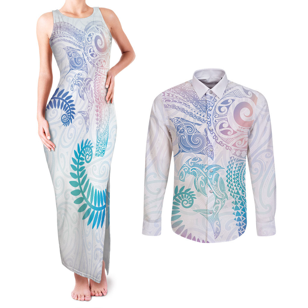 Aotearoa Maori Sea Animals Tribal Couples Matching Tank Maxi Dress and Long Sleeve Button Shirt Manta Ray and Shark Moko Pattern Sweet Pastel