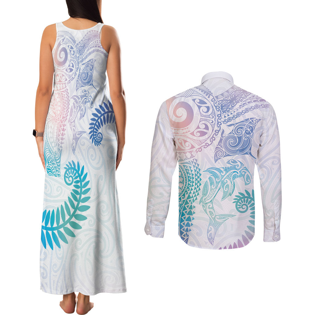 Aotearoa Maori Sea Animals Tribal Couples Matching Tank Maxi Dress and Long Sleeve Button Shirt Manta Ray and Shark Moko Pattern Sweet Pastel LT03 - Polynesian Pride