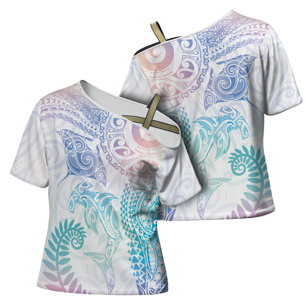 Aotearoa Maori Sea Animals Tribal Cross Shoulder Shirt Manta Ray and Shark Moko Pattern Sweet Pastel LT03 - Polynesian Pride