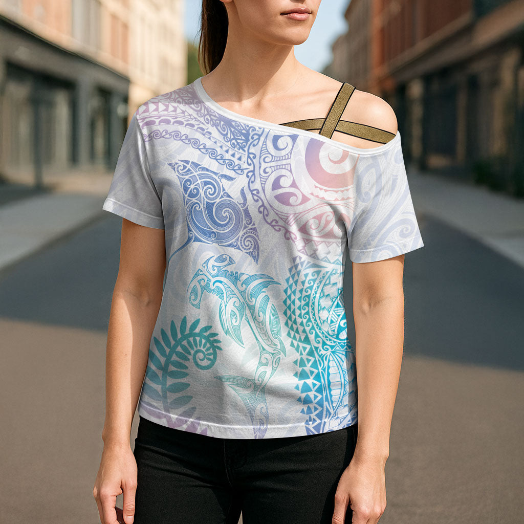 Aotearoa Maori Sea Animals Tribal Cross Shoulder Shirt Manta Ray and Shark Moko Pattern Sweet Pastel LT03 - Polynesian Pride