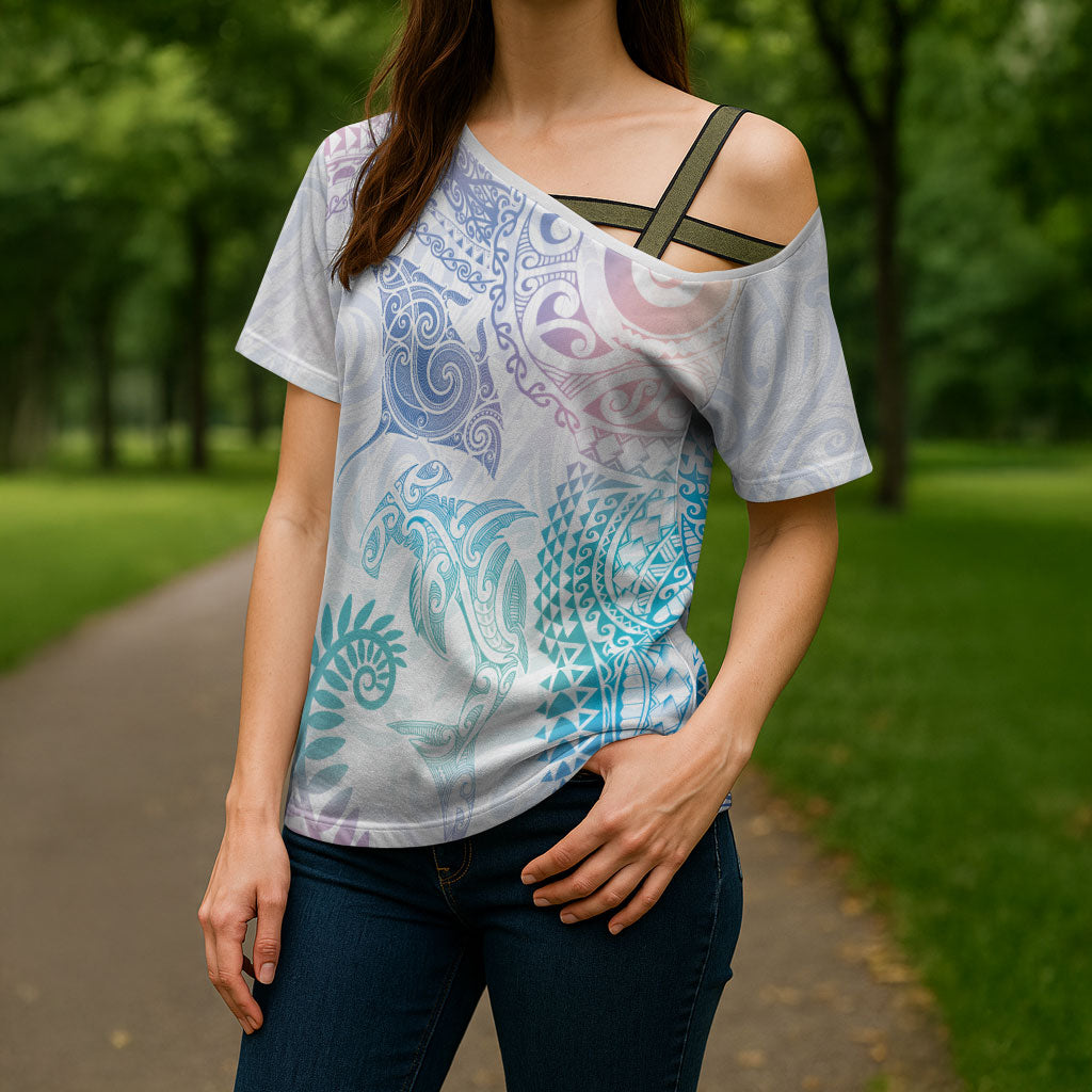 Aotearoa Maori Sea Animals Tribal Cross Shoulder Shirt Manta Ray and Shark Moko Pattern Sweet Pastel LT03 - Polynesian Pride