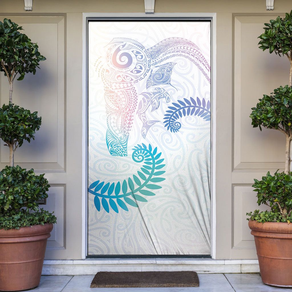 Aotearoa Maori Sea Animals Tribal Door Cover Manta Ray and Shark Moko Pattern Sweet Pastel LT03 Multicolor - Polynesian Pride
