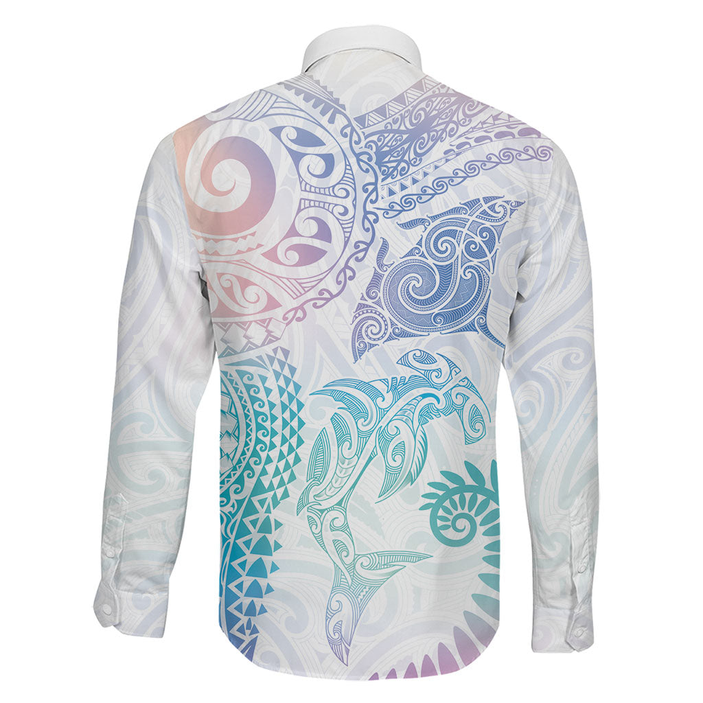 Aotearoa Maori Sea Animals Tribal Family Matching Off The Shoulder Long Sleeve Dress and Hawaiian Shirt Manta Ray and Shark Moko Pattern Sweet Pastel LT03 - Polynesian Pride