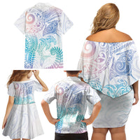 Aotearoa Maori Sea Animals Tribal Family Matching Off Shoulder Short Dress and Hawaiian Shirt Manta Ray and Shark Moko Pattern Sweet Pastel LT03 - Polynesian Pride