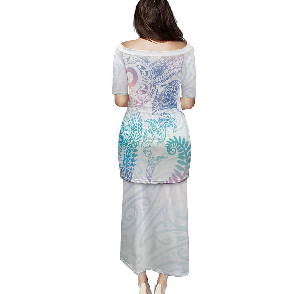 Aotearoa Maori Sea Animals Tribal Family Matching Puletasi and Hawaiian Shirt Manta Ray and Shark Moko Pattern Sweet Pastel LT03 - Polynesian Pride