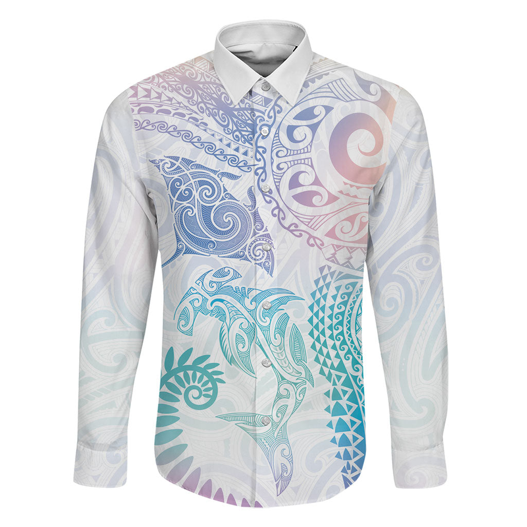 Aotearoa Maori Sea Animals Tribal Family Matching Short Sleeve Bodycon Dress and Hawaiian Shirt Manta Ray and Shark Moko Pattern Sweet Pastel LT03 Dad's Shirt - Long Sleeve Multicolor - Polynesian Pride