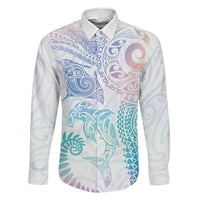 Aotearoa Maori Sea Animals Tribal Family Matching Short Sleeve Bodycon Dress and Hawaiian Shirt Manta Ray and Shark Moko Pattern Sweet Pastel LT03 Dad's Shirt - Long Sleeve Multicolor - Polynesian Pride