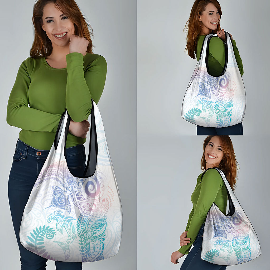 Aotearoa Maori Sea Animals Tribal Grocery Bag Manta Ray and Shark Moko Pattern Sweet Pastel LT03 - Polynesian Pride