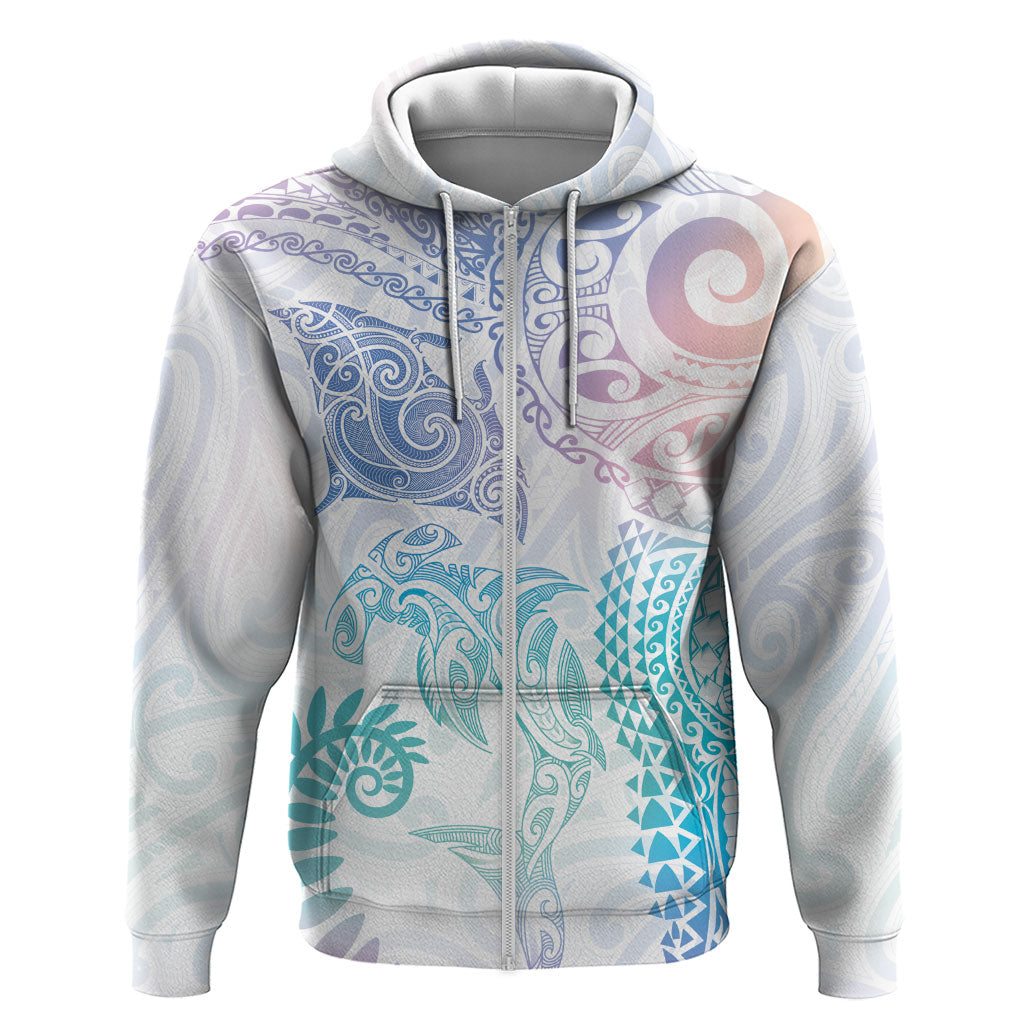 Aotearoa Maori Sea Animals Tribal Hoodie Manta Ray and Shark Moko Pattern Sweet Pastel LT03 Zip Hoodie Multicolor - Polynesian Pride
