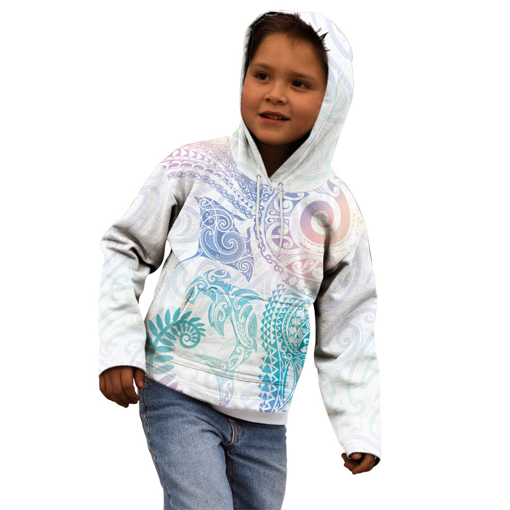 Aotearoa Maori Sea Animals Tribal Kid Hoodie Manta Ray and Shark Moko Pattern Sweet Pastel LT03 - Polynesian Pride
