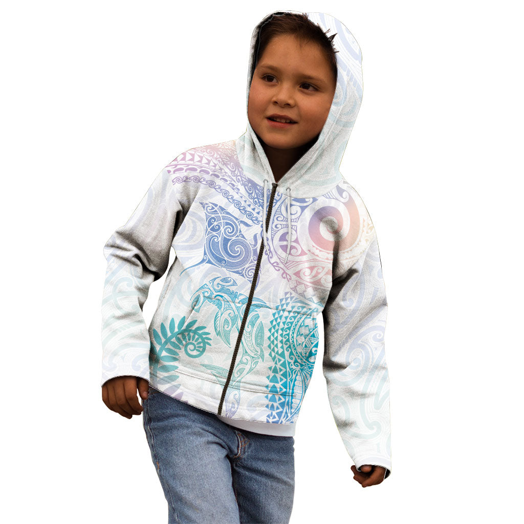 Aotearoa Maori Sea Animals Tribal Kid Hoodie Manta Ray and Shark Moko Pattern Sweet Pastel LT03 - Polynesian Pride