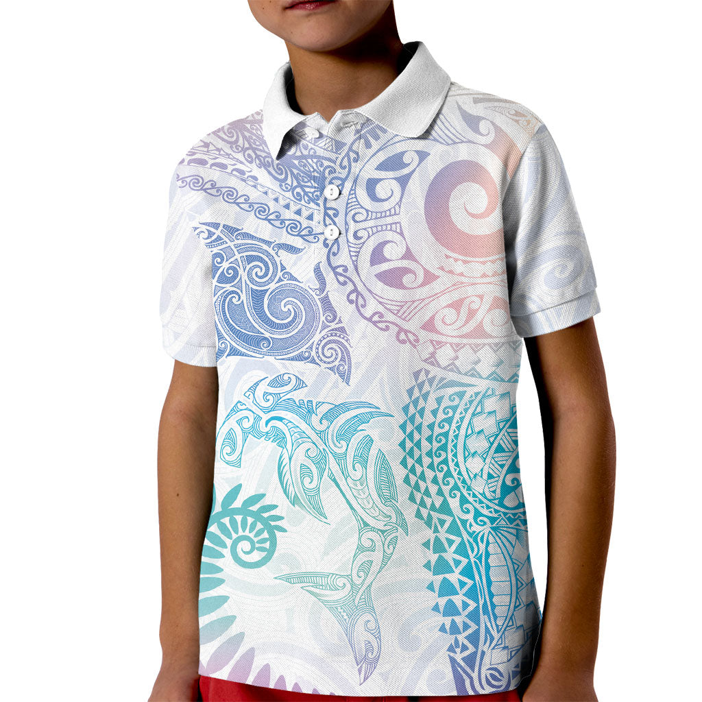 Aotearoa Maori Sea Animals Tribal Kid Polo Shirt Manta Ray and Shark Moko Pattern Sweet Pastel
