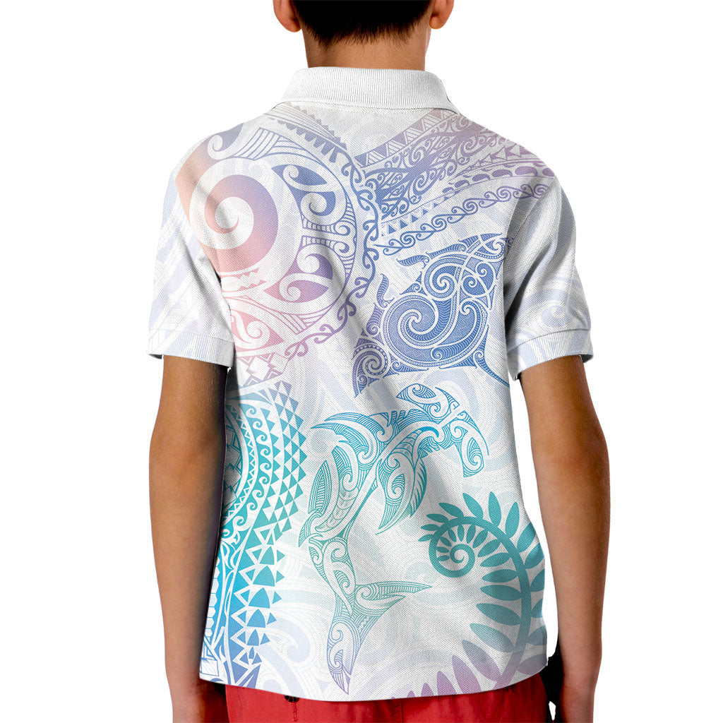 Aotearoa Maori Sea Animals Tribal Kid Polo Shirt Manta Ray and Shark Moko Pattern Sweet Pastel LT03 - Polynesian Pride