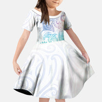 Aotearoa Maori Sea Animals Tribal Kid Short Sleeve Dress Manta Ray and Shark Moko Pattern Sweet Pastel LT03 KID Multicolor - Polynesian Pride