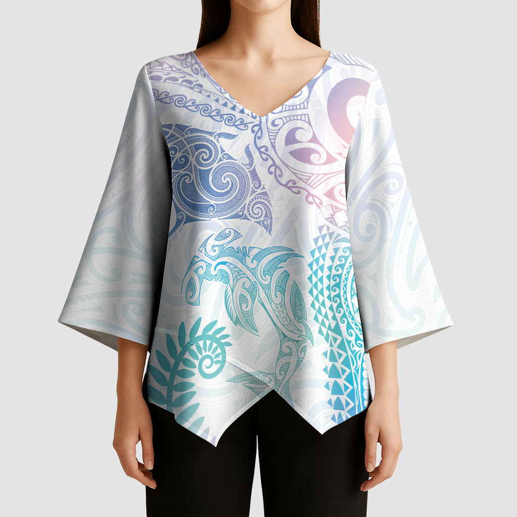 Aotearoa Maori Sea Animals Tribal Kimono Sleeve Blouse Manta Ray and Shark Moko Pattern Sweet Pastel LT03 - Polynesian Pride