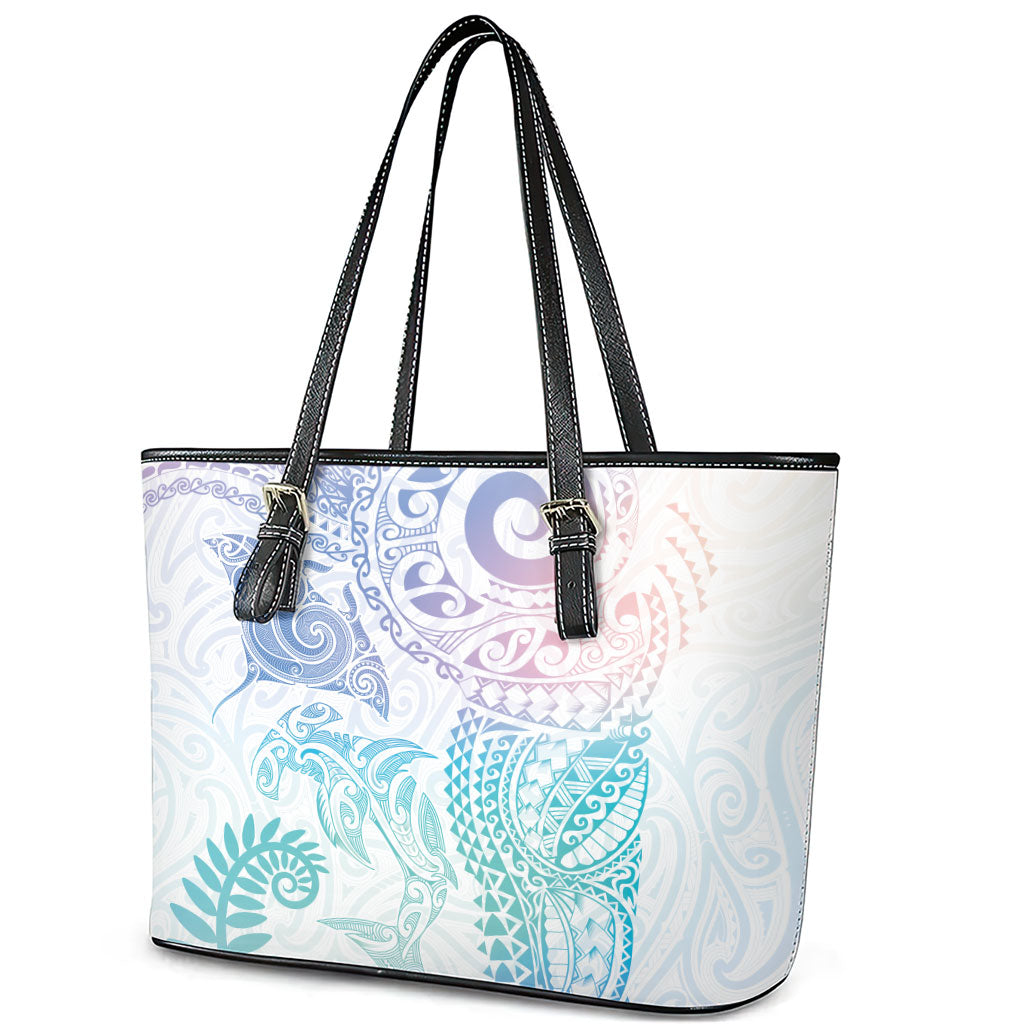 Aotearoa Maori Sea Animals Tribal Leather Tote Bag Manta Ray and Shark Moko Pattern Sweet Pastel LT03 - Polynesian Pride