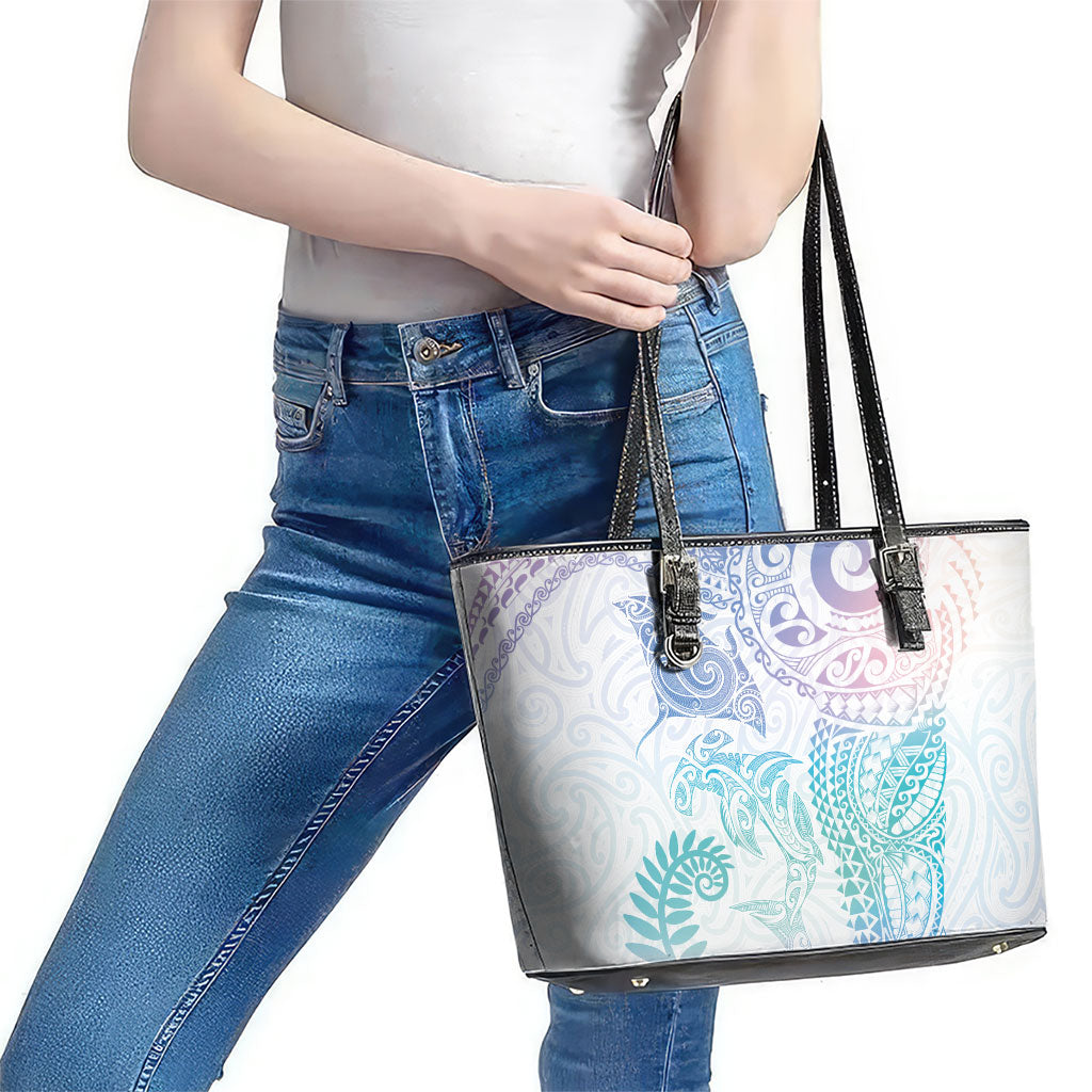Aotearoa Maori Sea Animals Tribal Leather Tote Bag Manta Ray and Shark Moko Pattern Sweet Pastel LT03 - Polynesian Pride