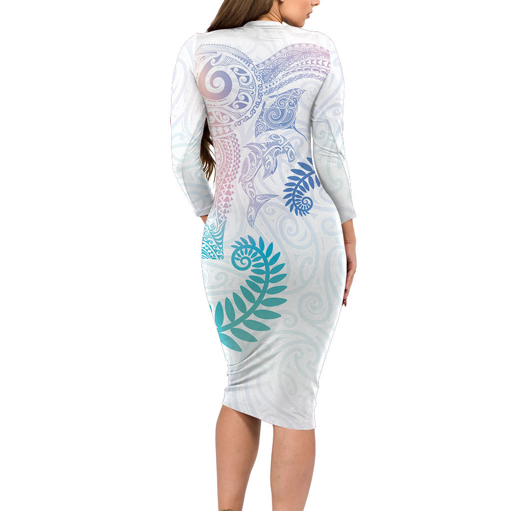 Aotearoa Maori Sea Animals Tribal Long Sleeve Bodycon Dress Manta Ray and Shark Moko Pattern Sweet Pastel LT03 - Polynesian Pride