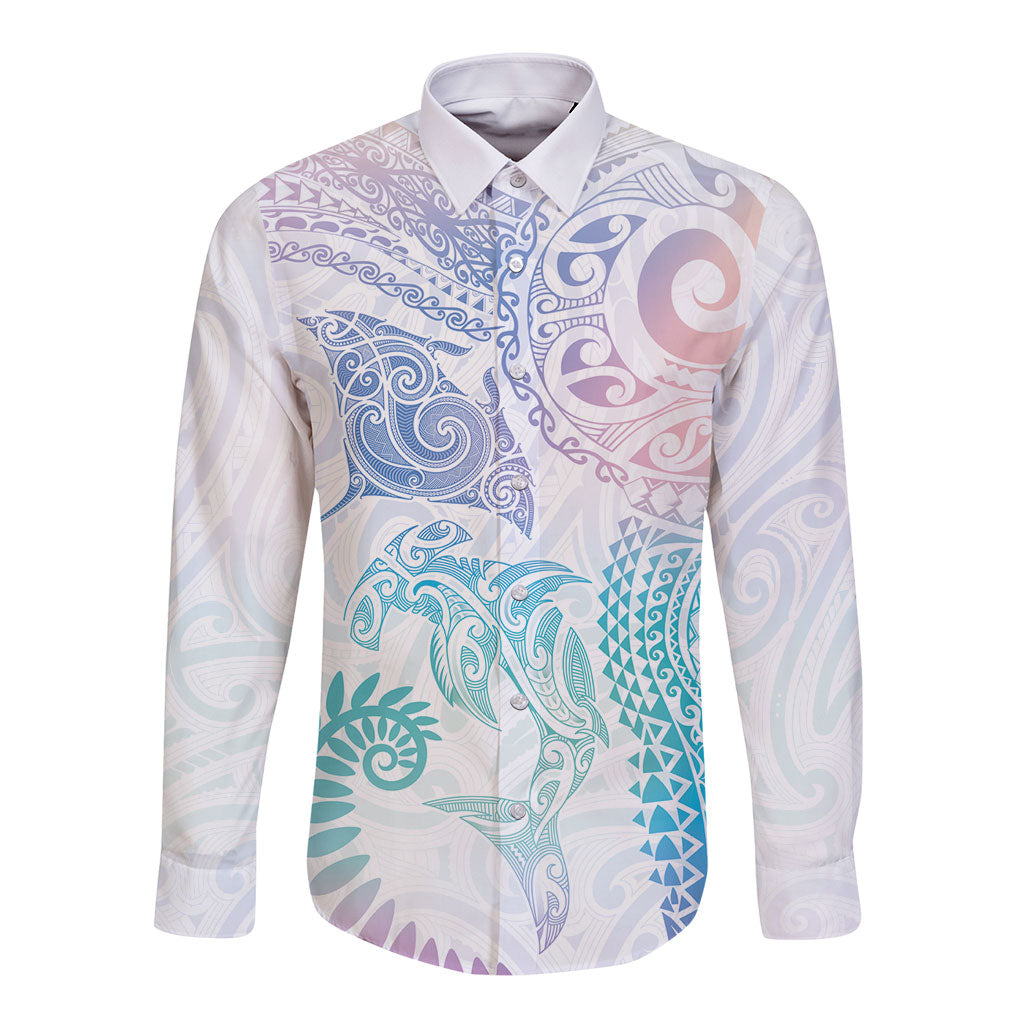 Aotearoa Maori Sea Animals Tribal Long Sleeve Button Shirt Manta Ray and Shark Moko Pattern Sweet Pastel LT03 Unisex Multicolor - Polynesian Pride