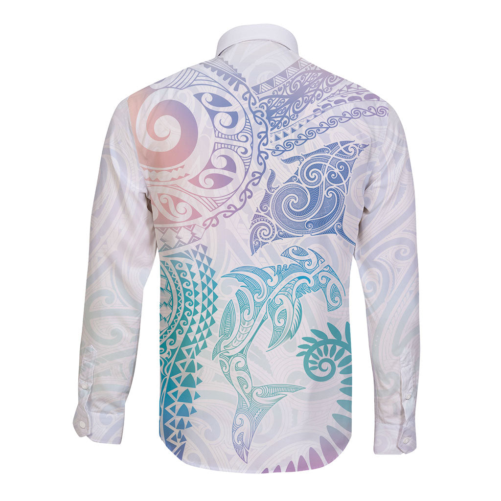 Aotearoa Maori Sea Animals Tribal Long Sleeve Button Shirt Manta Ray and Shark Moko Pattern Sweet Pastel LT03 - Polynesian Pride