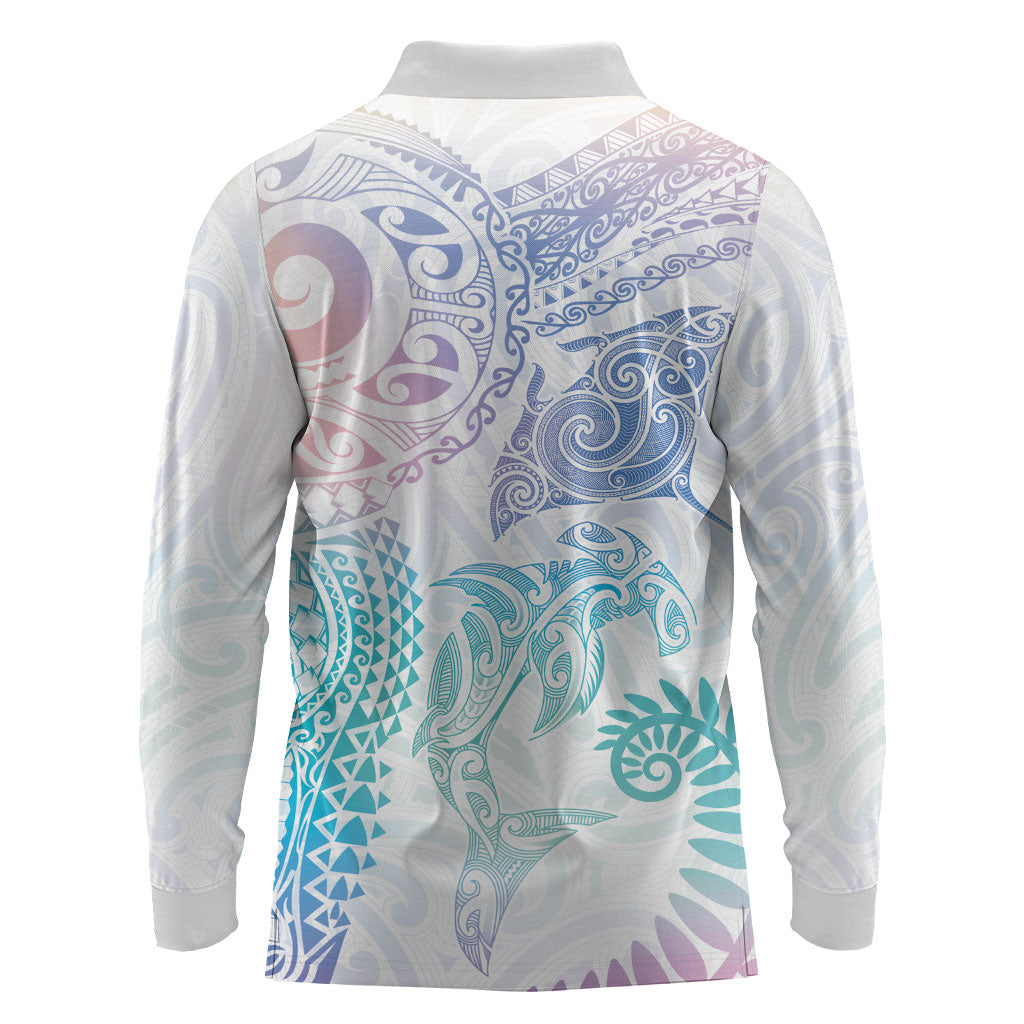 Aotearoa Maori Sea Animals Tribal Long Sleeve Polo Shirt Manta Ray and Shark Moko Pattern Sweet Pastel LT03 - Polynesian Pride