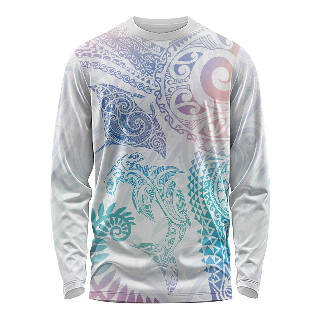 Aotearoa Maori Sea Animals Tribal Long Sleeve Shirt Manta Ray and Shark Moko Pattern Sweet Pastel LT03 Unisex Multicolor - Polynesian Pride