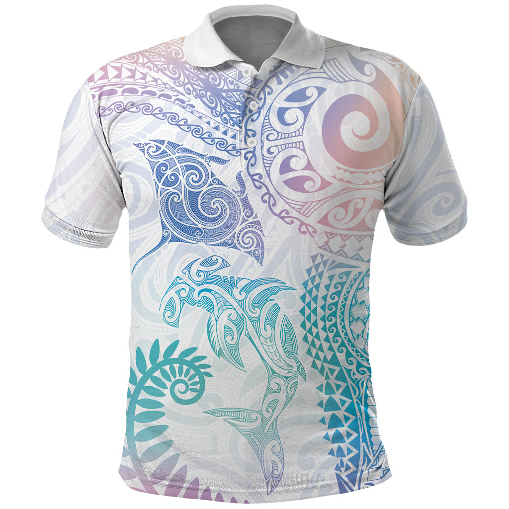 Aotearoa Maori Sea Animals Tribal Polo Shirt Manta Ray and Shark Moko Pattern Sweet Pastel LT03 Multicolor - Polynesian Pride