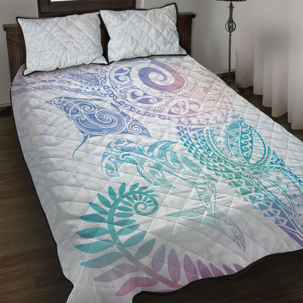 Aotearoa Maori Sea Animals Tribal Quilt Bed Set Manta Ray and Shark Moko Pattern Sweet Pastel