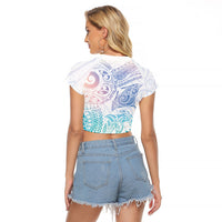 Aotearoa Maori Sea Animals Tribal Raglan Cropped T Shirt Manta Ray and Shark Moko Pattern Sweet Pastel LT03 - Polynesian Pride