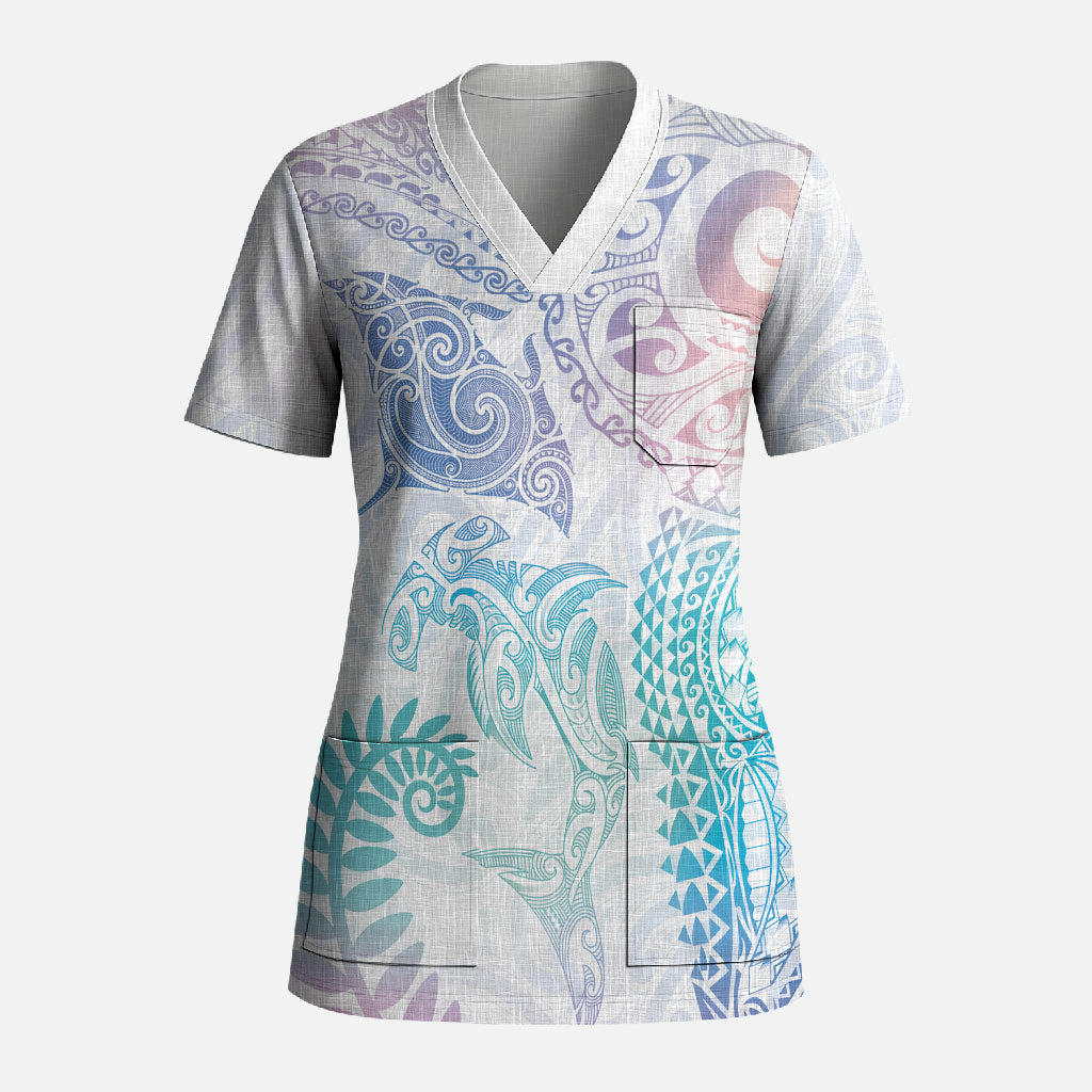 Aotearoa Maori Sea Animals Tribal Scrub Top Manta Ray and Shark Moko Pattern Sweet Pastel