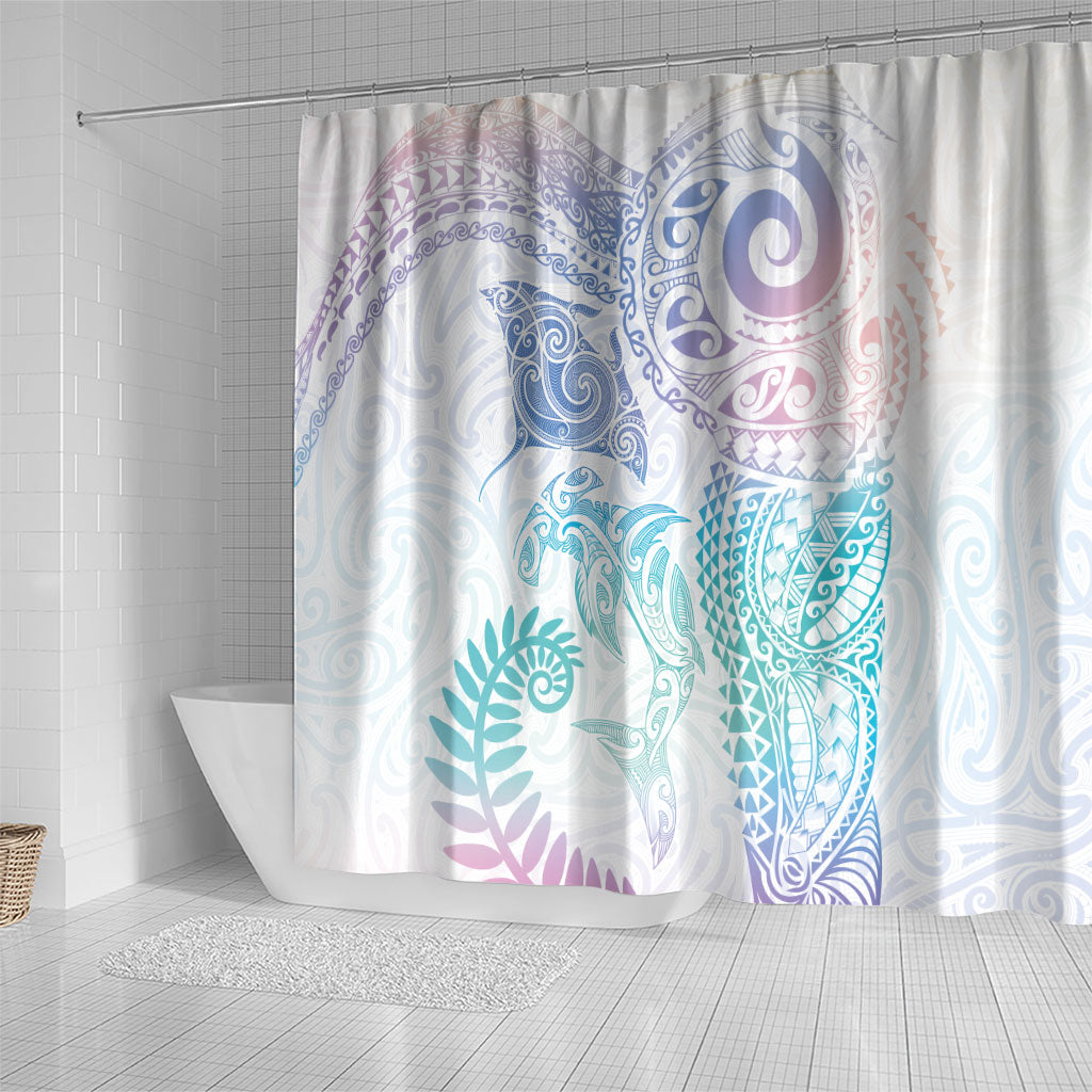 Aotearoa Maori Sea Animals Tribal Shower Curtain Manta Ray and Shark Moko Pattern Sweet Pastel LT03 - Polynesian Pride