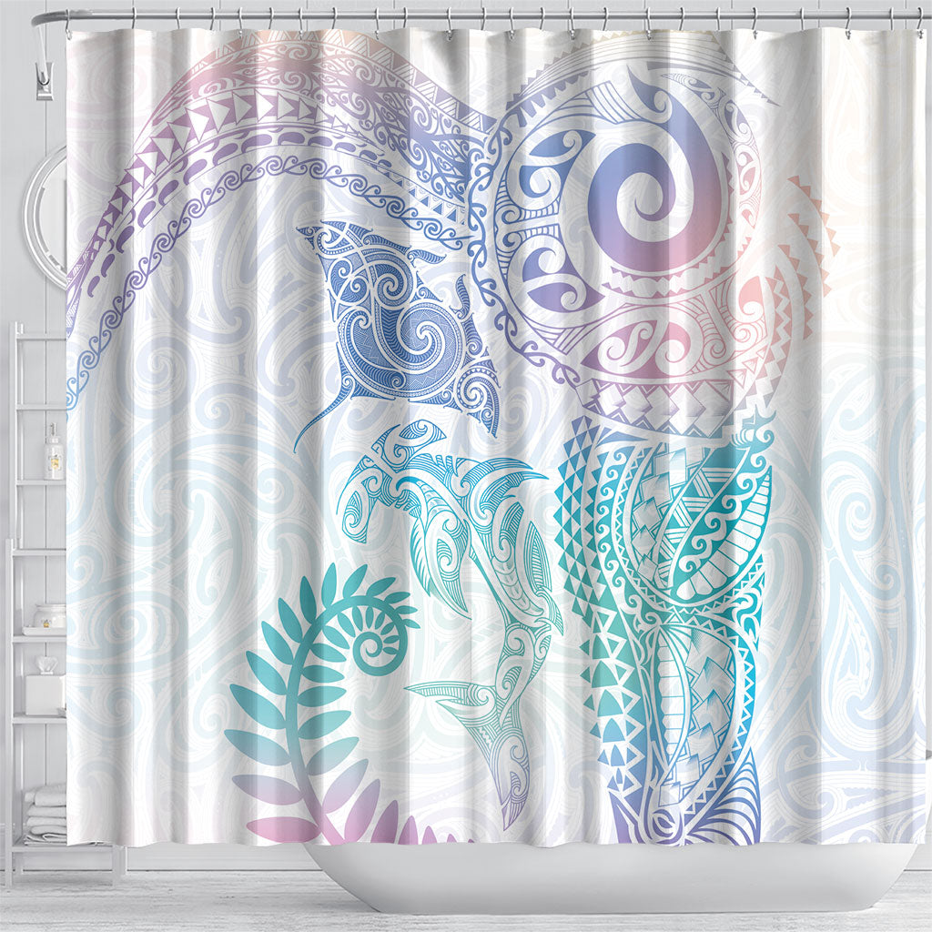 Aotearoa Maori Sea Animals Tribal Shower Curtain Manta Ray and Shark Moko Pattern Sweet Pastel LT03 - Polynesian Pride