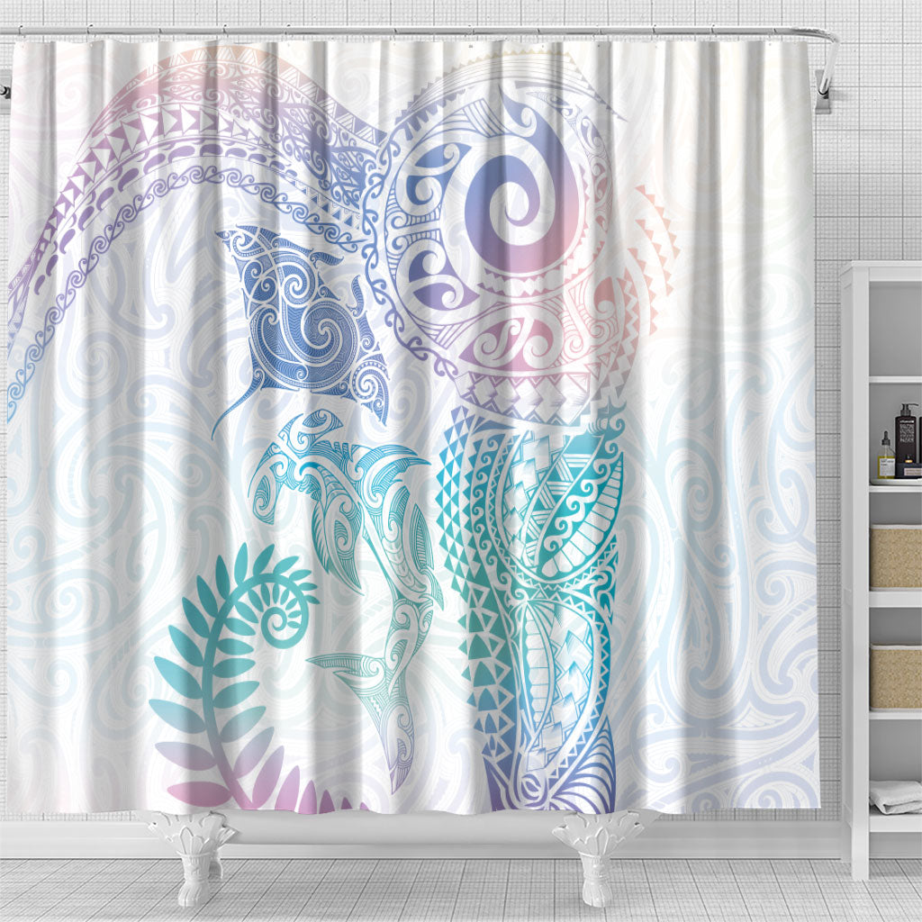 Aotearoa Maori Sea Animals Tribal Shower Curtain Manta Ray and Shark Moko Pattern Sweet Pastel LT03 - Polynesian Pride