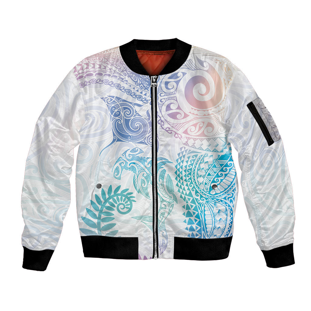 Aotearoa Maori Sea Animals Tribal Sleeve Zip Bomber Jacket Manta Ray and Shark Moko Pattern Sweet Pastel