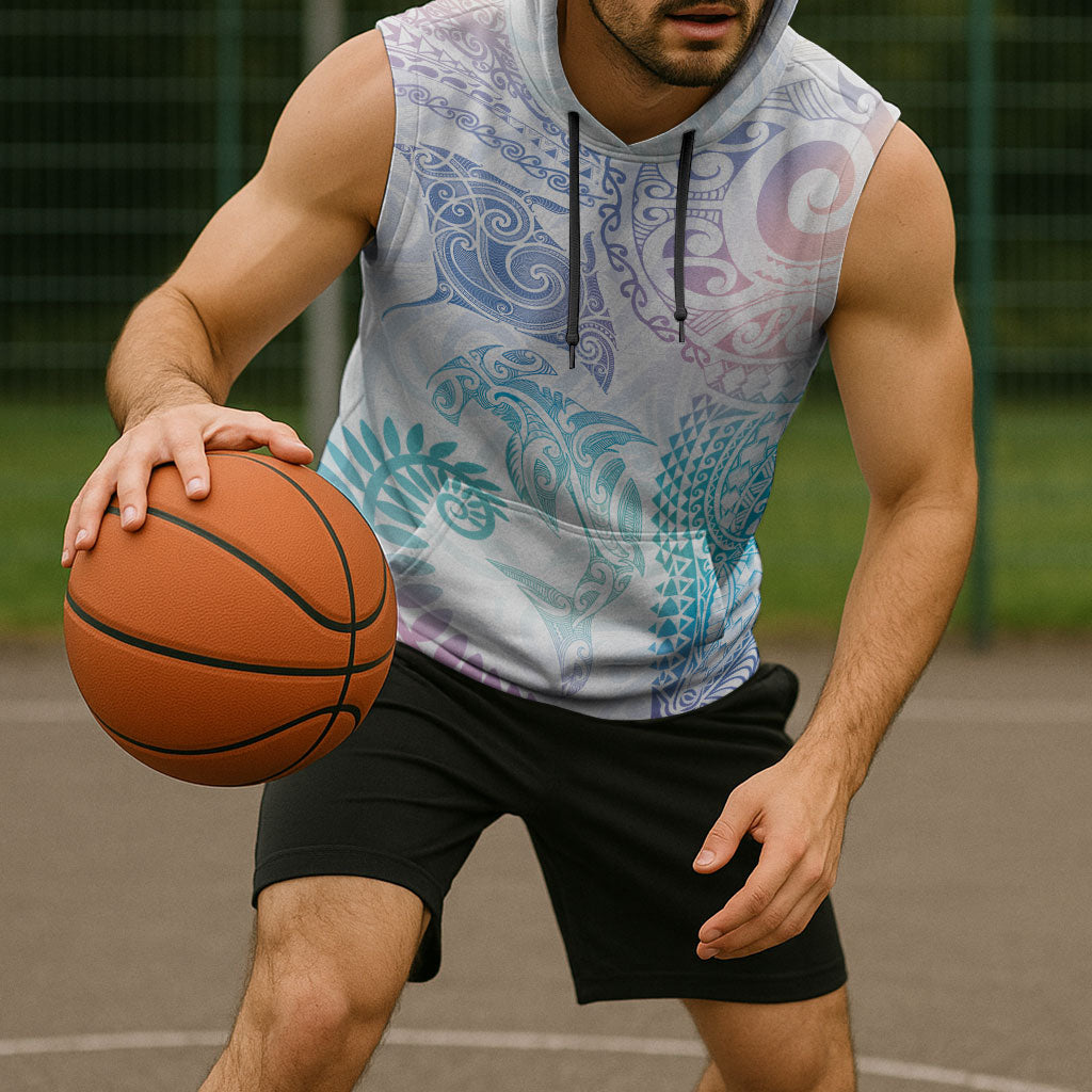 Aotearoa Maori Sea Animals Tribal Sleeveless Hoodie Manta Ray and Shark Moko Pattern Sweet Pastel LT03 - Polynesian Pride