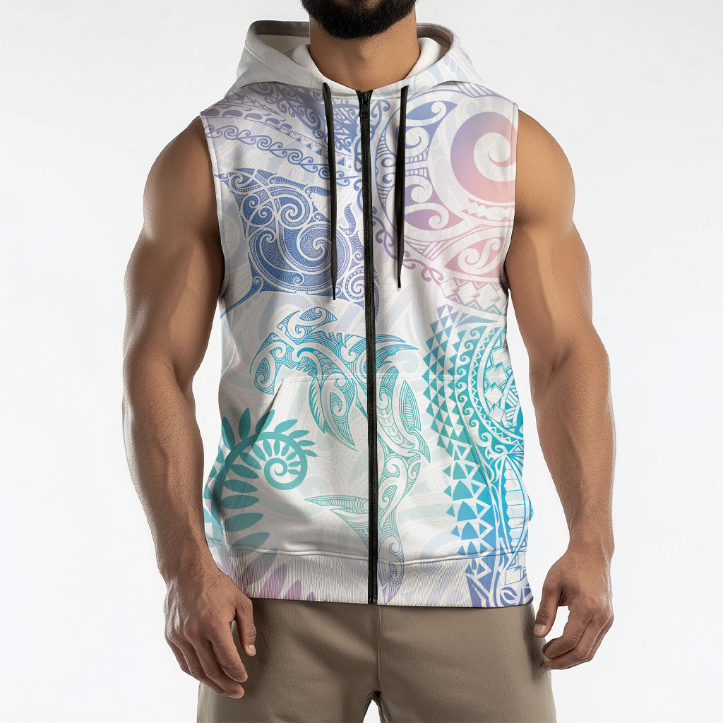Aotearoa Maori Sea Animals Tribal Sleeveless Zip Hoodie Manta Ray and Shark Moko Pattern Sweet Pastel LT03 - Polynesian Pride