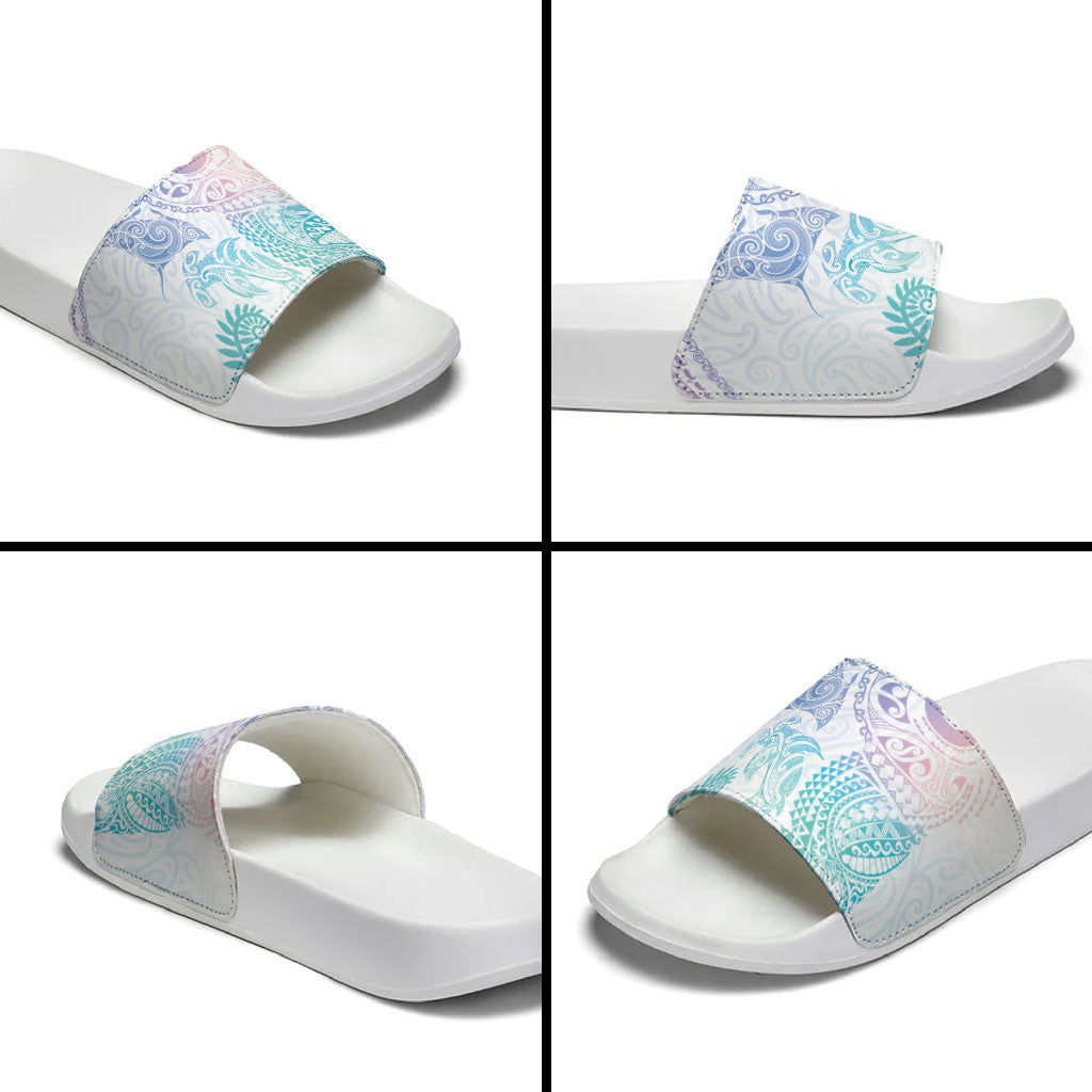 Aotearoa Maori Sea Animals Tribal Slide Sandals Manta Ray and Shark Moko Pattern Sweet Pastel