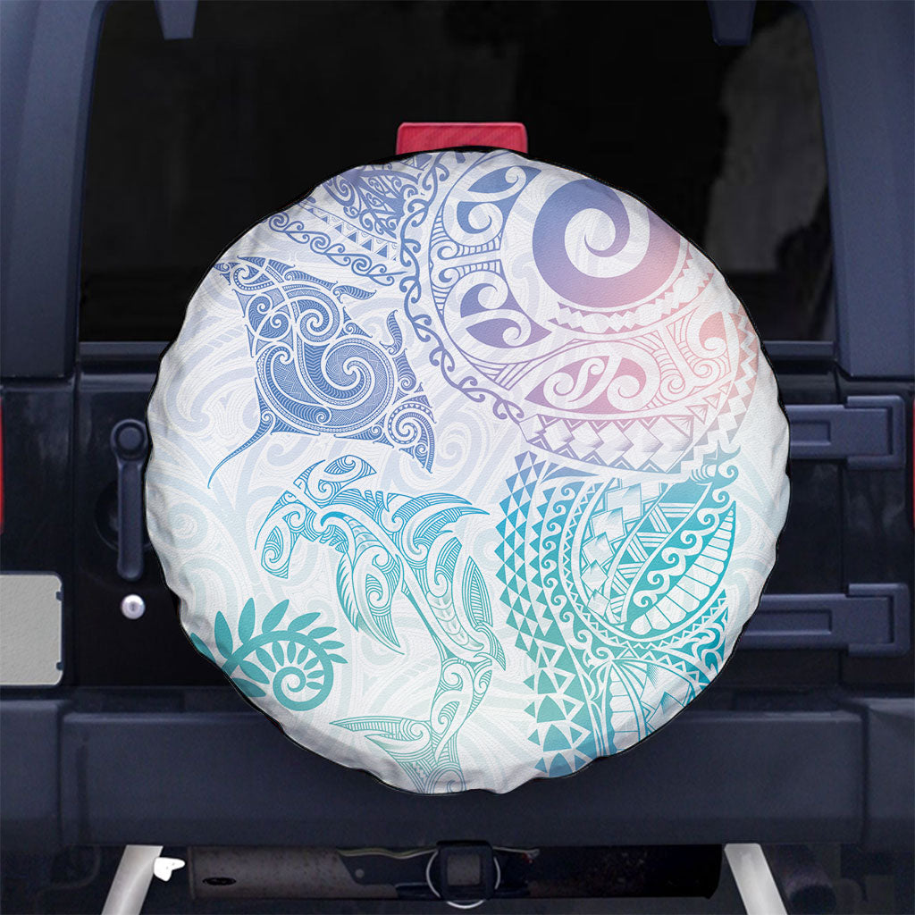 Aotearoa Maori Sea Animals Tribal Spare Tire Cover Manta Ray and Shark Moko Pattern Sweet Pastel LT03 No hole Multicolor - Polynesian Pride