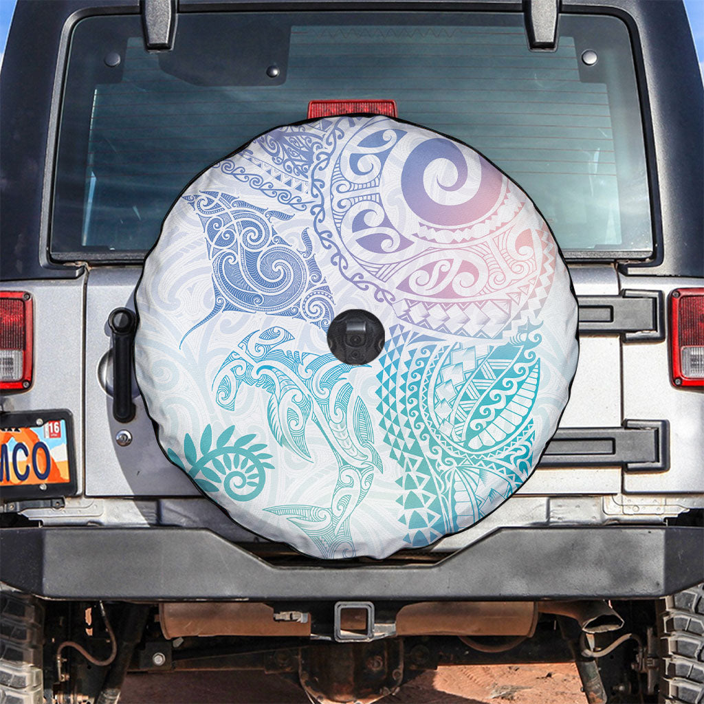 Aotearoa Maori Sea Animals Tribal Spare Tire Cover Manta Ray and Shark Moko Pattern Sweet Pastel LT03 Multicolor - Polynesian Pride