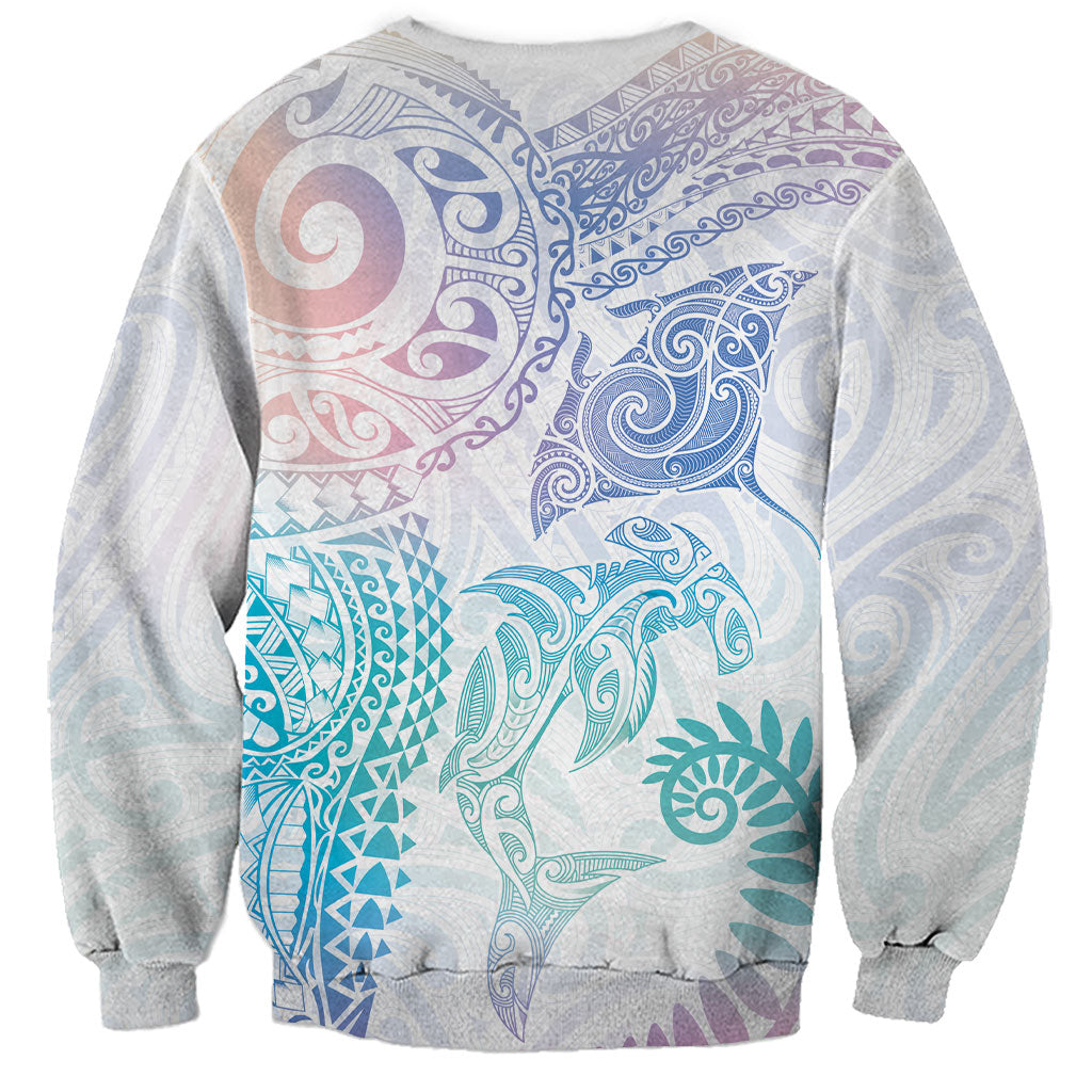 Aotearoa Maori Sea Animals Tribal Sweatshirt Manta Ray and Shark Moko Pattern Sweet Pastel
