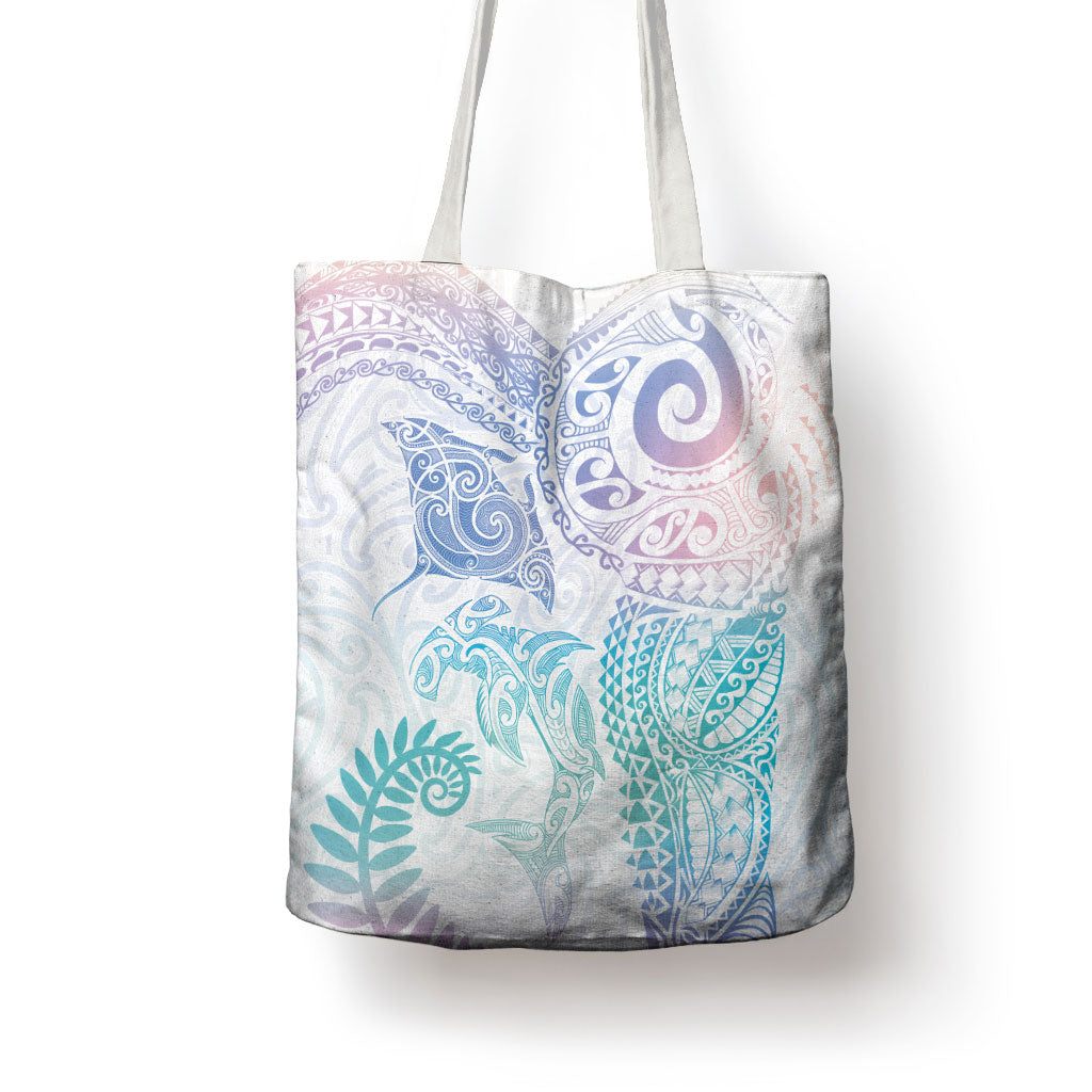 Aotearoa Maori Sea Animals Tribal Tote Bag Manta Ray and Shark Moko Pattern Sweet Pastel LT03 - Polynesian Pride